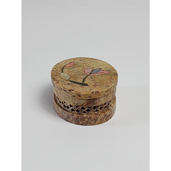 Vintage Carved Soapstone Trinket Jewelry Box Mother of Pearl Floral Inlay Decor - Picture 2 of 11